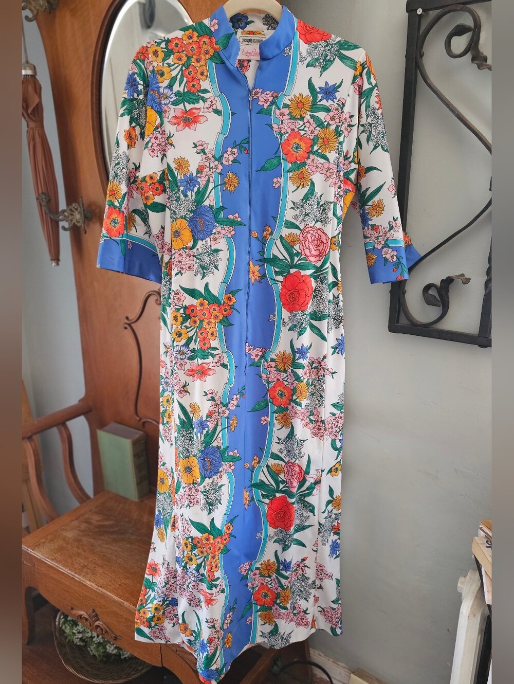 Vintage Joseph Magnin Evelyn Pearson Floral Maxi Dress 60s 70s Zip Front